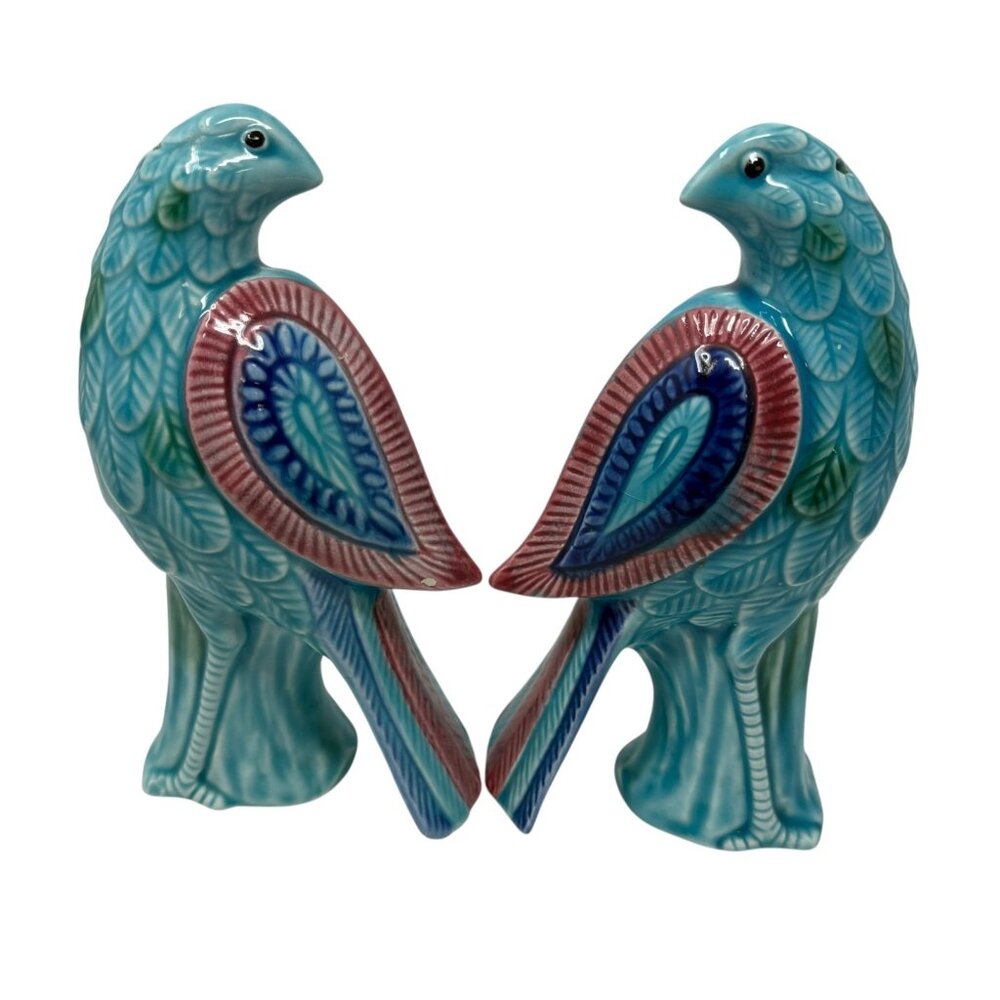 Vintage Japan Majolica Parrot Bird Salt Pepper Shakers 70's Retro 7” Ceramic